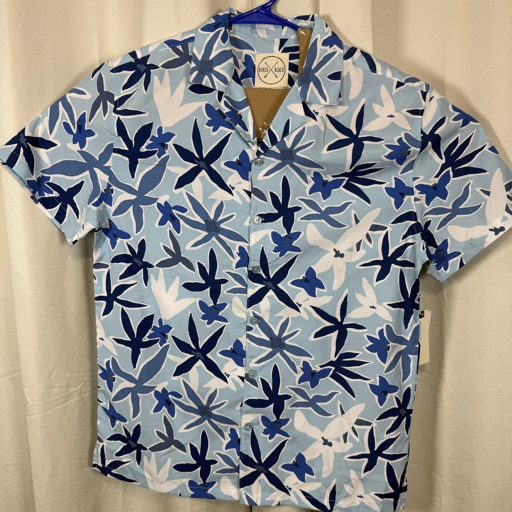 Birch. Black Mens Med Floral Print Hawaiian Camp Shirt Sleeeve Blue Shirt